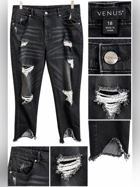 VENUS Black Distressed Boyfriend Jeans with Ripped Detail Sz 18